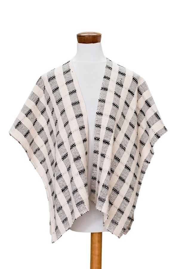 Alternate image for Hand-woven Black and White Ruana Made with 100 Cotton Rustic in Black