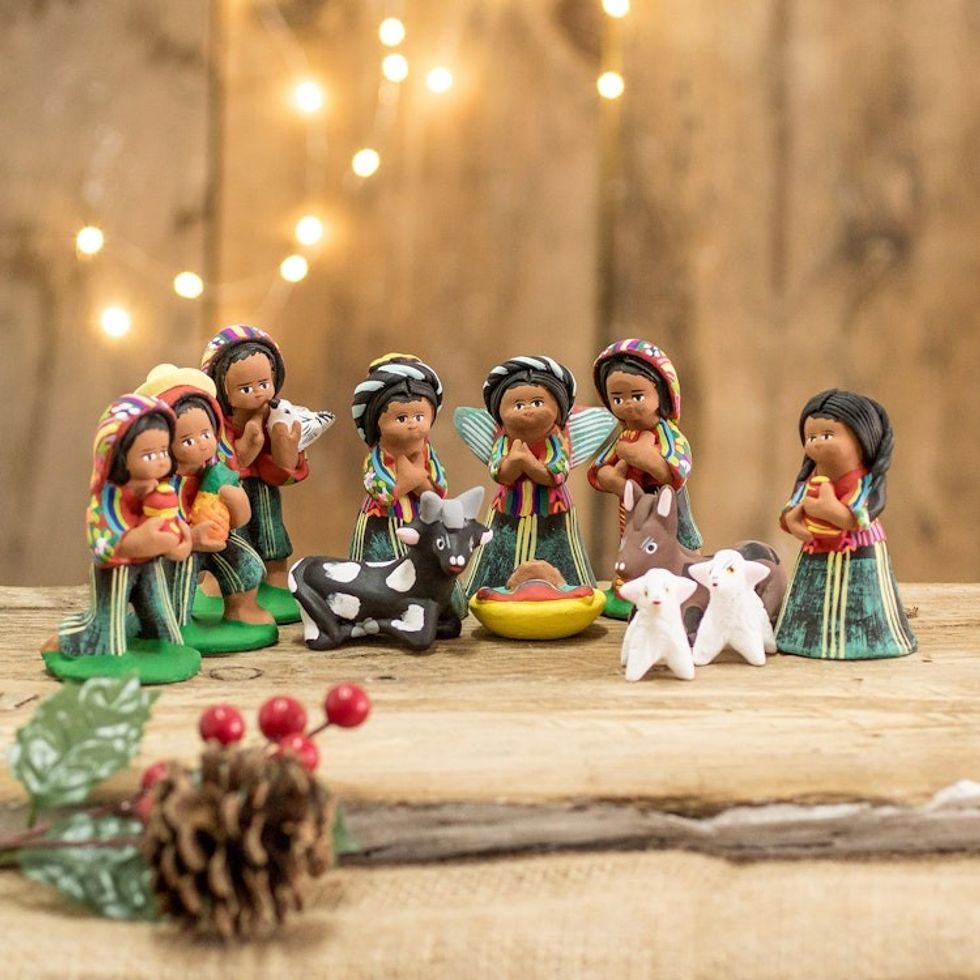 Ceramic Nativity Scene Handcrafted in Guatemalan 12 Pieces 'Christmas in San Antonio'