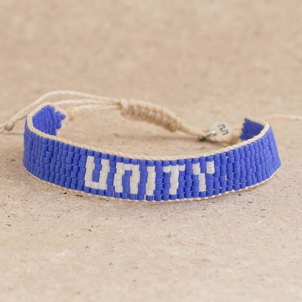 Alternate image for Blue and White Glass Bead Woven Bracelet with Sliding Knot Unity in Blue