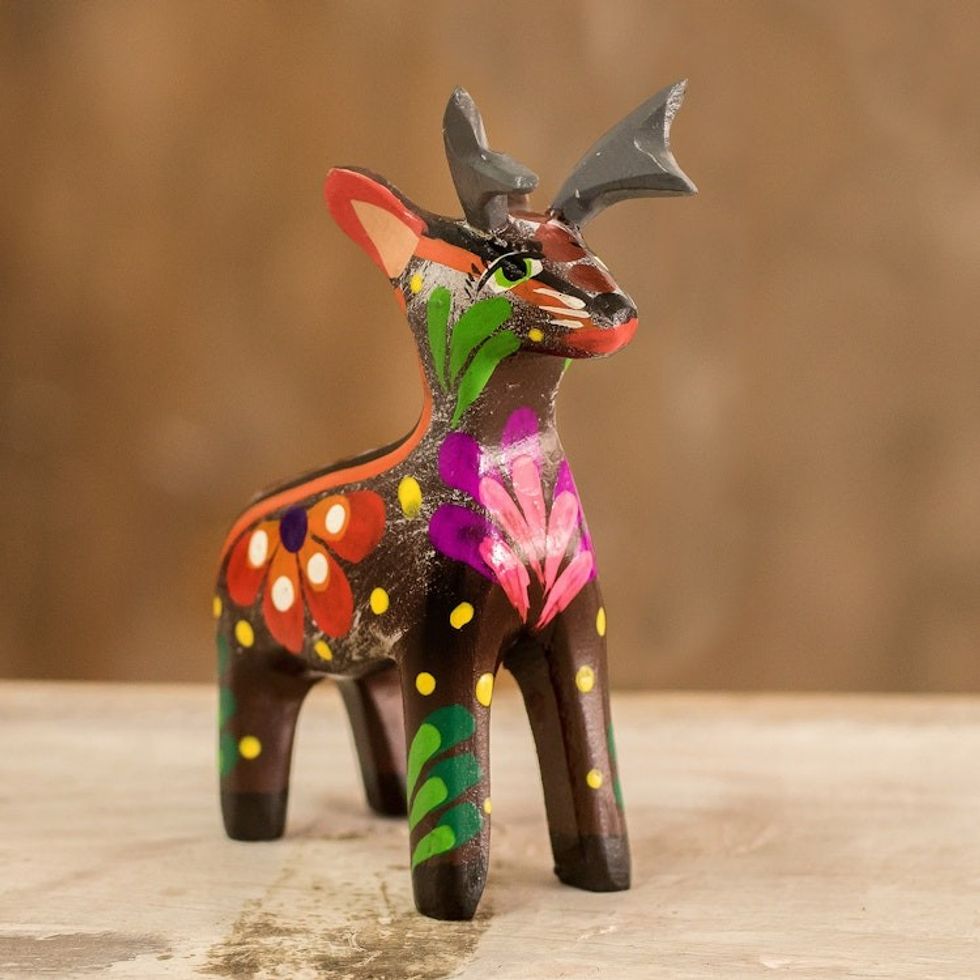 Hand-Painted Tropical Bird Wooden Figurine from Guatemala 'Deserving Deer'