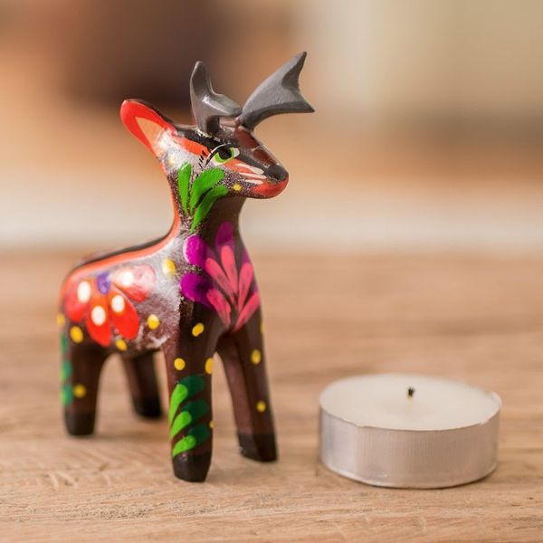 Alternate image for Hand-Painted Tropical Bird Wooden Figurine from Guatemala Deserving Deer