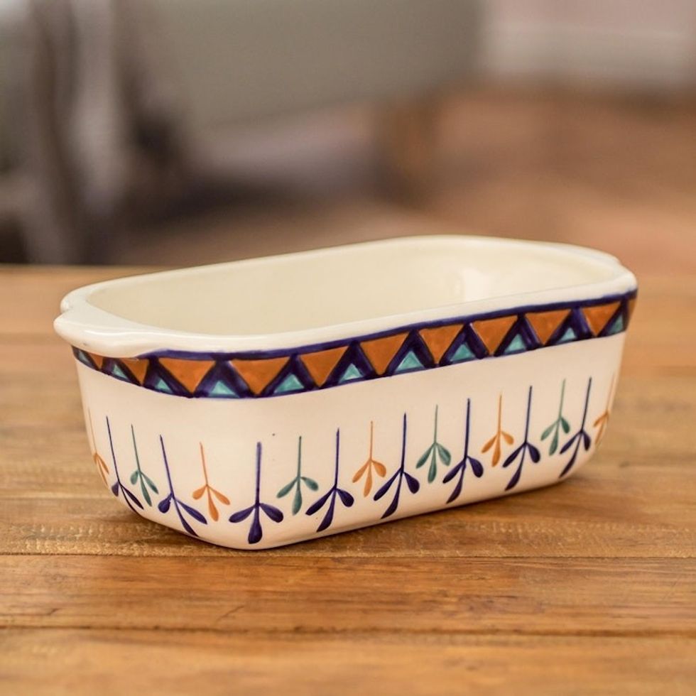 Ceramic Hand Painted Baking Dish with Geometric Design 'Antigua Breeze'