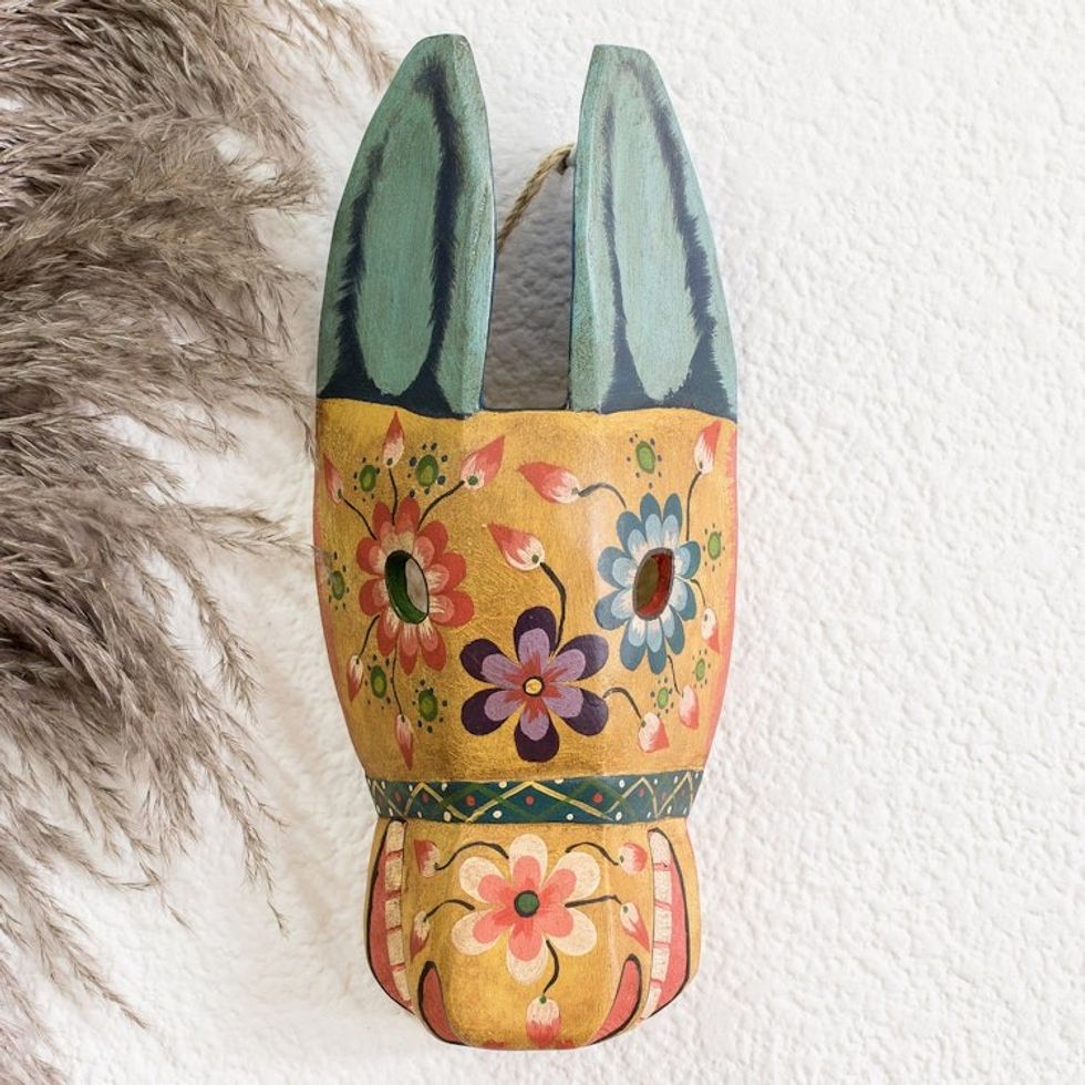 Floral Wood Horse Mask in Yellow from Guatemala 'Floral Horse in Yellow'