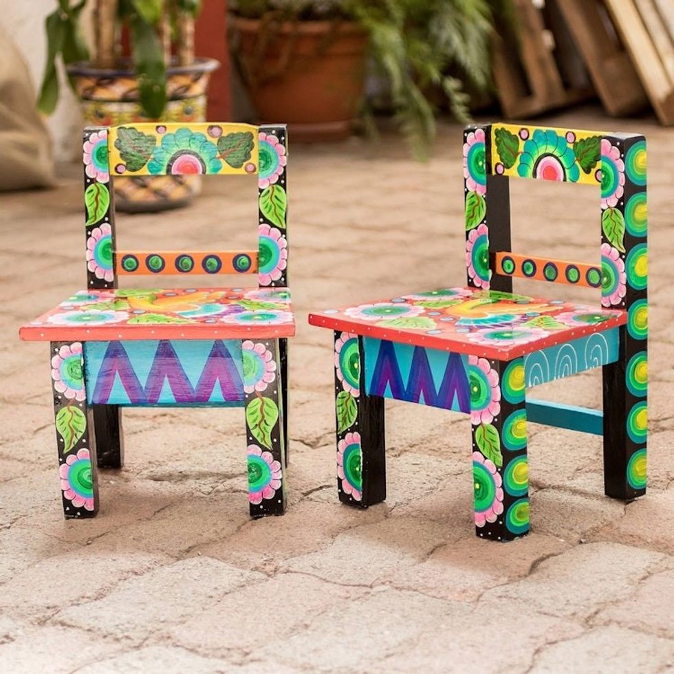 Hand-Painted Decorative Mini Stools from Guatemala 'Free Orange Bird'