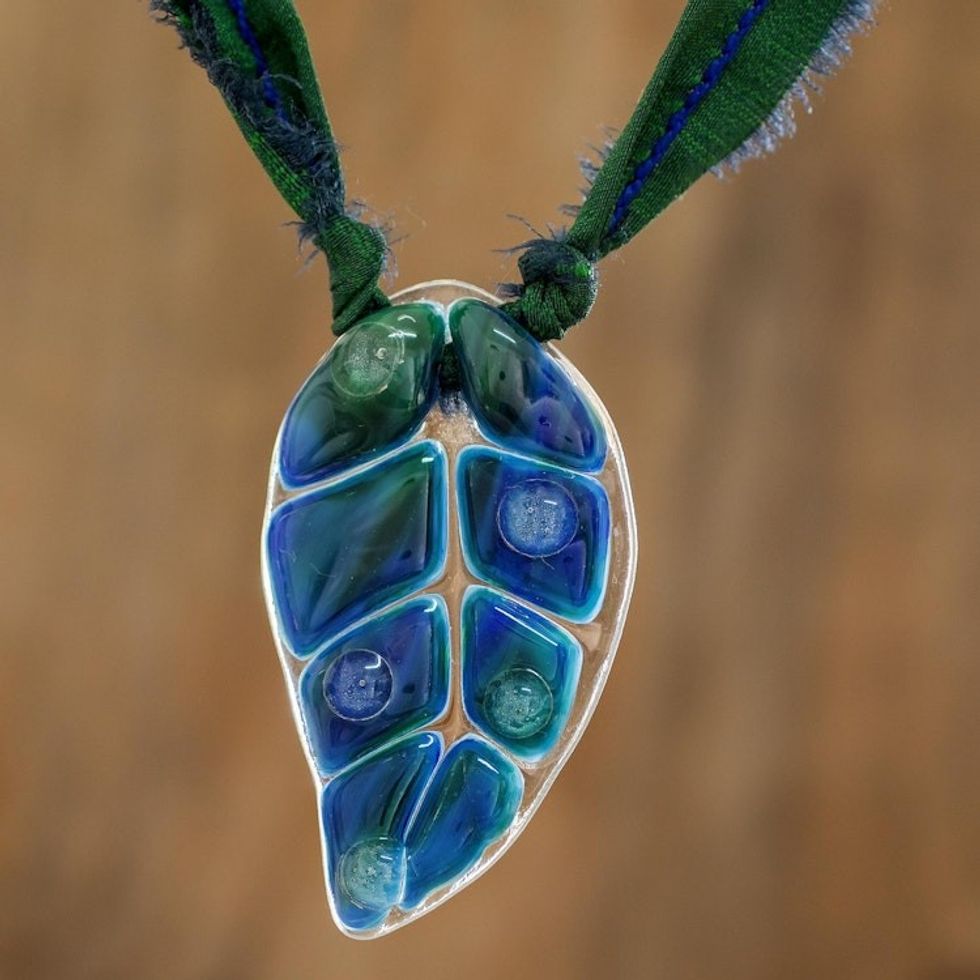 Dark Blue Glass Leaf Pendant Necklace with Ribbon 'Blue Rain Forest Drop'
