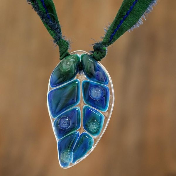 Alternate image for Dark Blue Glass Leaf Pendant Necklace with Ribbon Blue Rain Forest Drop