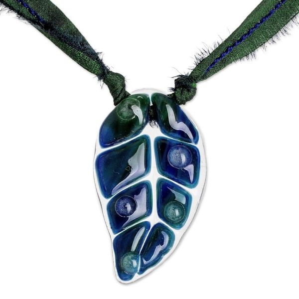 Alternate image for Dark Blue Glass Leaf Pendant Necklace with Ribbon Blue Rain Forest Drop