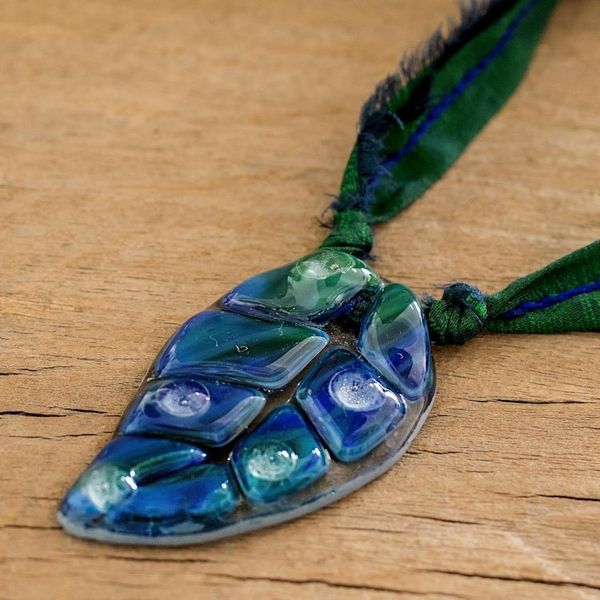 Alternate image for Dark Blue Glass Leaf Pendant Necklace with Ribbon Blue Rain Forest Drop