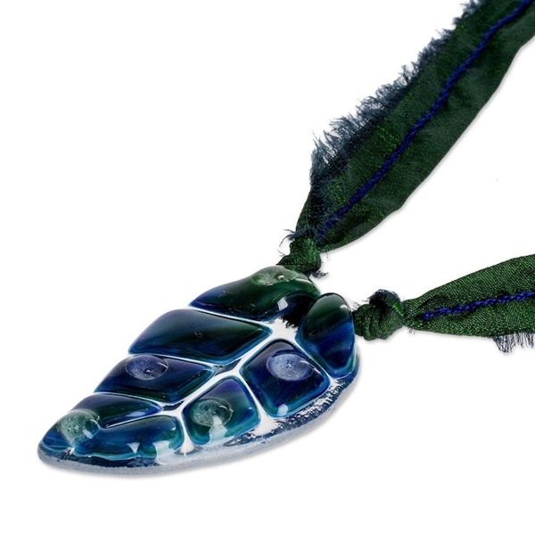 Alternate image for Dark Blue Glass Leaf Pendant Necklace with Ribbon Blue Rain Forest Drop