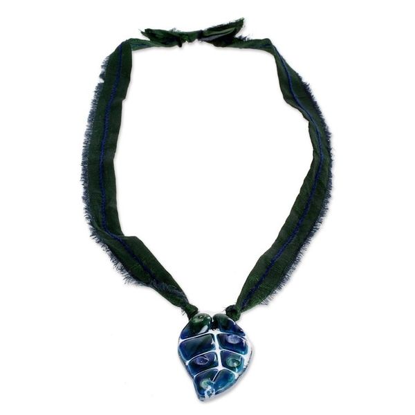 Alternate image for Dark Blue Glass Leaf Pendant Necklace with Ribbon Blue Rain Forest Drop