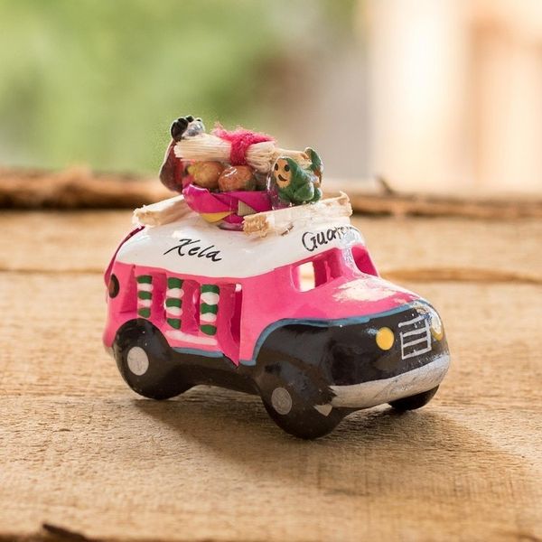 Alternate image for 2.5 Inch Pink Ceramic Mini Bus Figurine from Guatemala Pink Old Time Bus