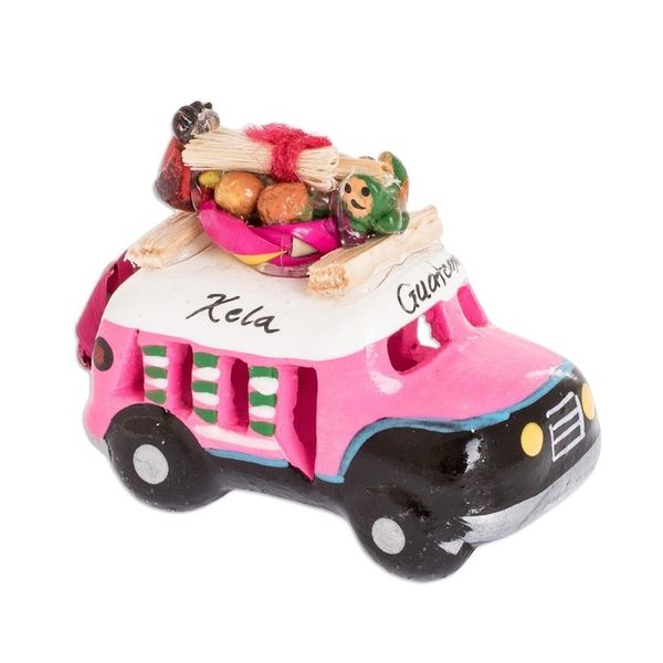 Alternate image for 2.5 Inch Pink Ceramic Mini Bus Figurine from Guatemala Pink Old Time Bus