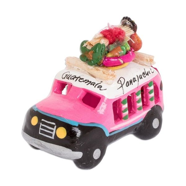 Alternate image for 2.5 Inch Pink Ceramic Mini Bus Figurine from Guatemala Pink Old Time Bus