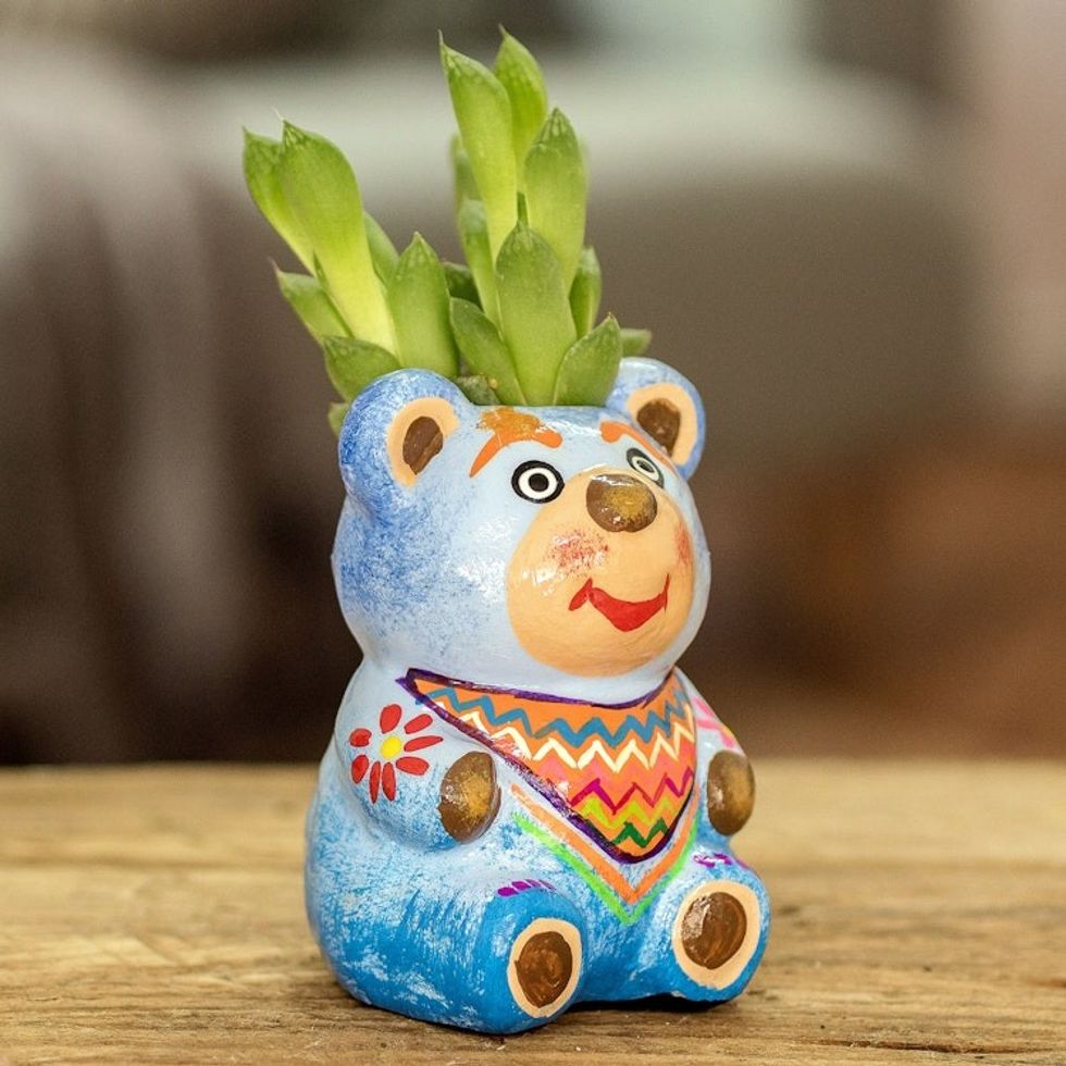 Hand-painted Mini Ceramic Bear Flower Pot from Guatemala 'Herbaceous Bear'