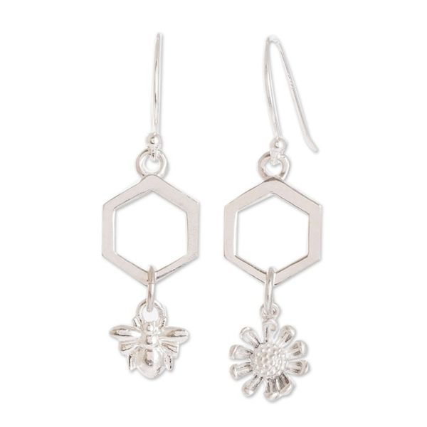 Alternate image for Costa Rican Sterling Silver Bee and Flower Dangle Earrings Honeycomb Flower