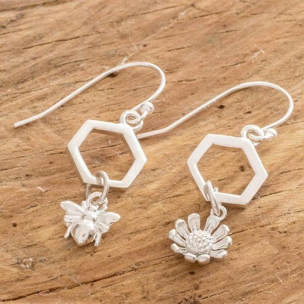 Alternate image for Costa Rican Sterling Silver Bee and Flower Dangle Earrings Honeycomb Flower