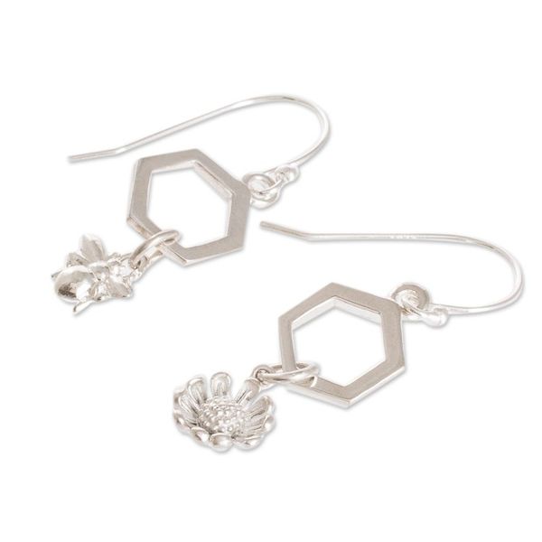 Alternate image for Costa Rican Sterling Silver Bee and Flower Dangle Earrings Honeycomb Flower
