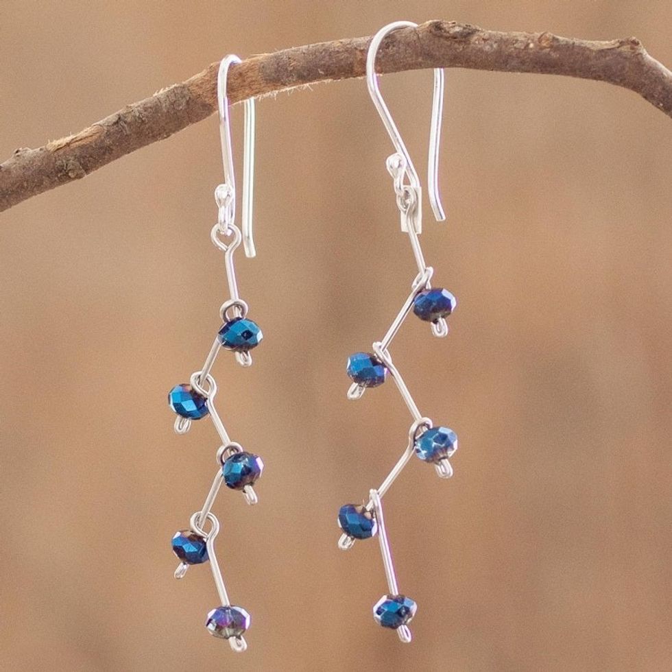 Blue Crystal Bead Dangle Earrings From Guatemala 'Blue Crystal Sparkle'