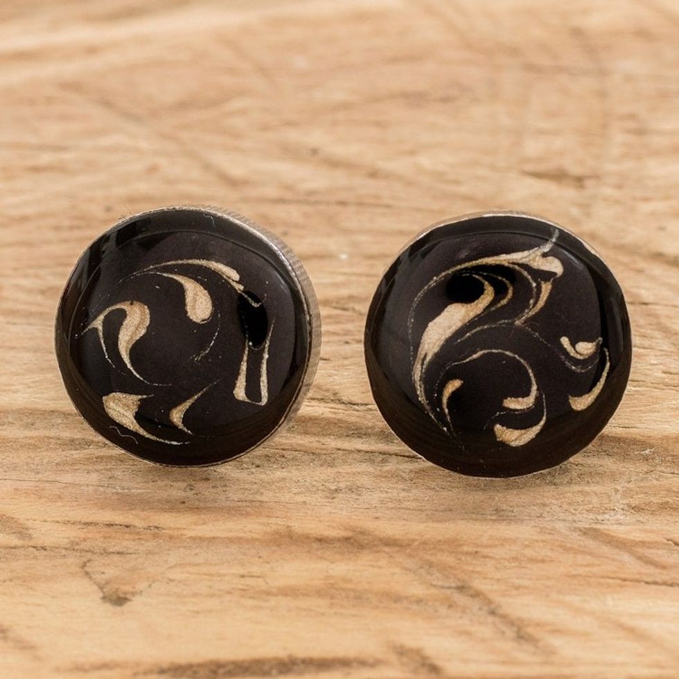 Costa Rican Sterling Silver Button Earrings in Black 'Bicolor Dream'