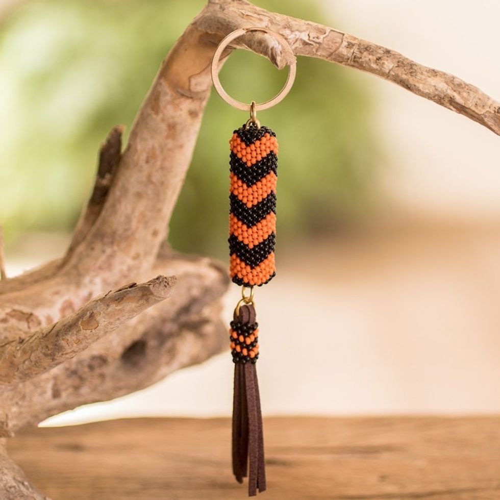 Beaded Leather Keychain and Bag Charm Handmade in Guatemala 'Energizing Sunset'