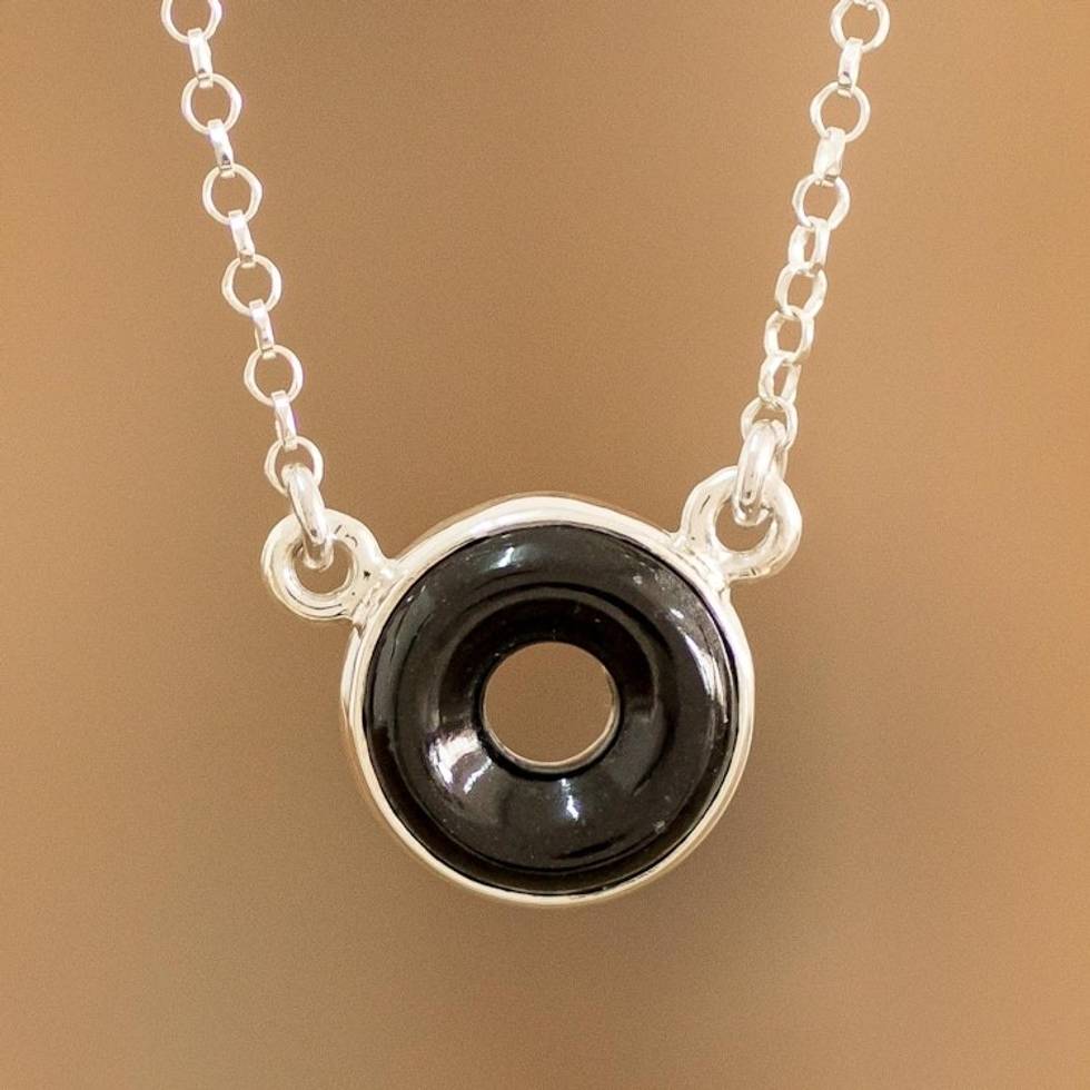 Black Jade Sterling Silver Pendant Necklace from Guatemala 'Cosmic Eternity'