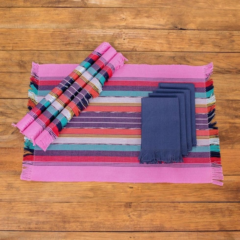 Handwoven Cotton Bubblegum Placemats with Napkins Set of 4 'Bubblegum Paths'