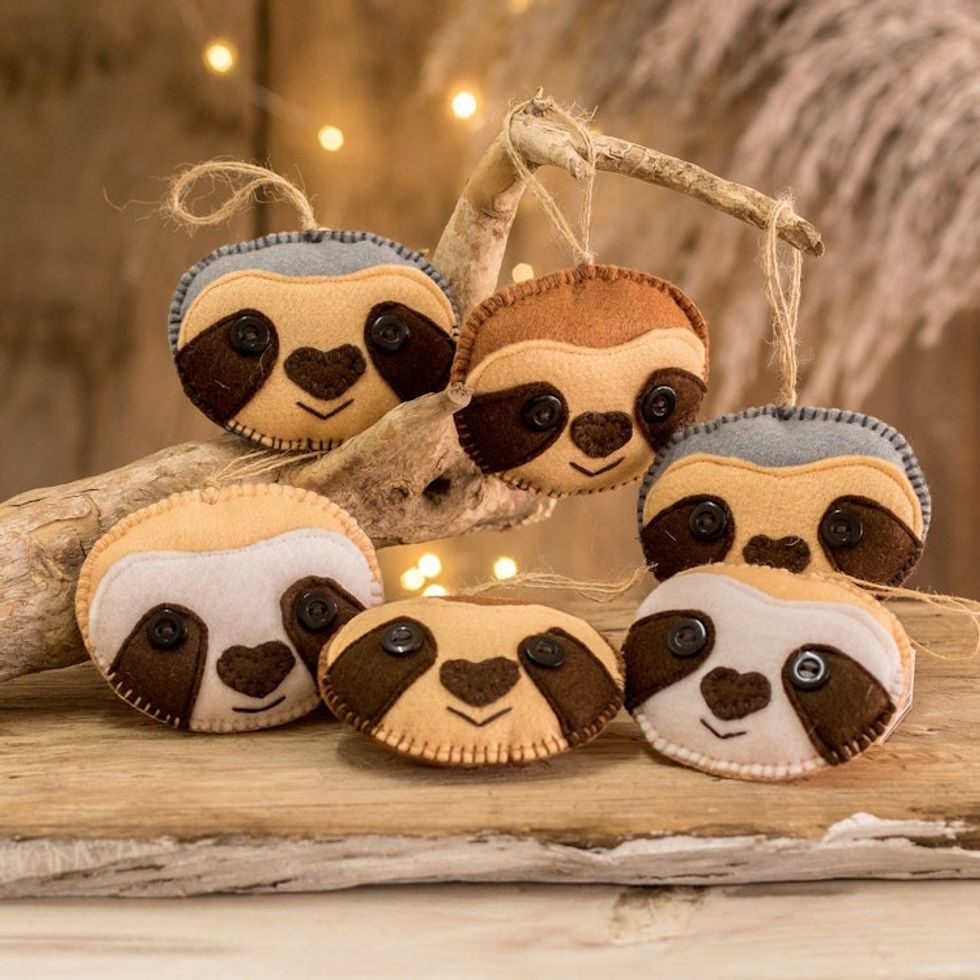 Set of 6 Handcrafted Felt Ornaments of Adorable Sloths 'Sleepy Smiles'
