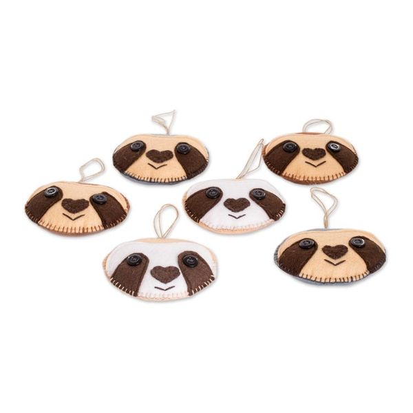 Alternate image for Set of 6 Handcrafted Felt Ornaments of Adorable Sloths Sleepy Smiles