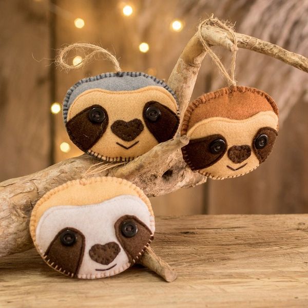 Alternate image for Set of 6 Handcrafted Felt Ornaments of Adorable Sloths Sleepy Smiles