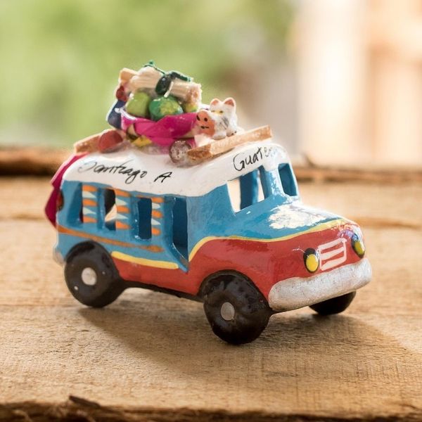 Alternate image for Guatemala 3 Inch Red and Blue Ceramic Bus Figurine Blue and Red Old Time Bus