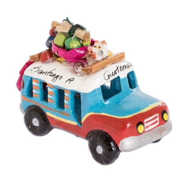 Alternate image for Guatemala 3 Inch Red and Blue Ceramic Bus Figurine Blue and Red Old Time Bus