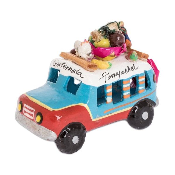 Alternate image for Guatemala 3 Inch Red and Blue Ceramic Bus Figurine Blue and Red Old Time Bus