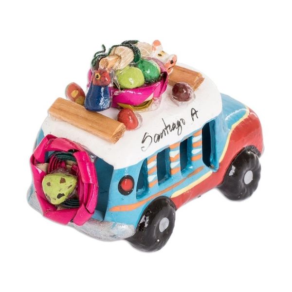 Alternate image for Guatemala 3 Inch Red and Blue Ceramic Bus Figurine Blue and Red Old Time Bus
