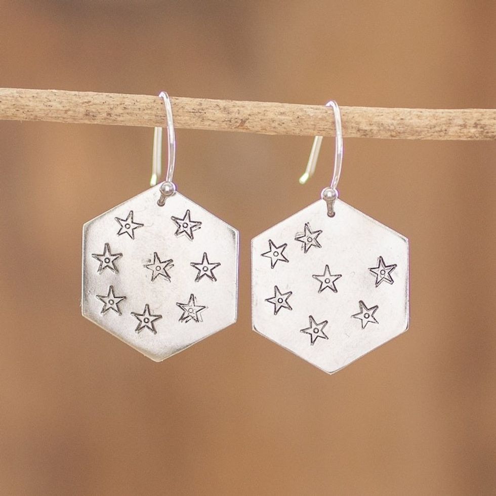 Star and Geometric Themed Sterling Silver Dangle Earrings 'Hexagon of Stars'