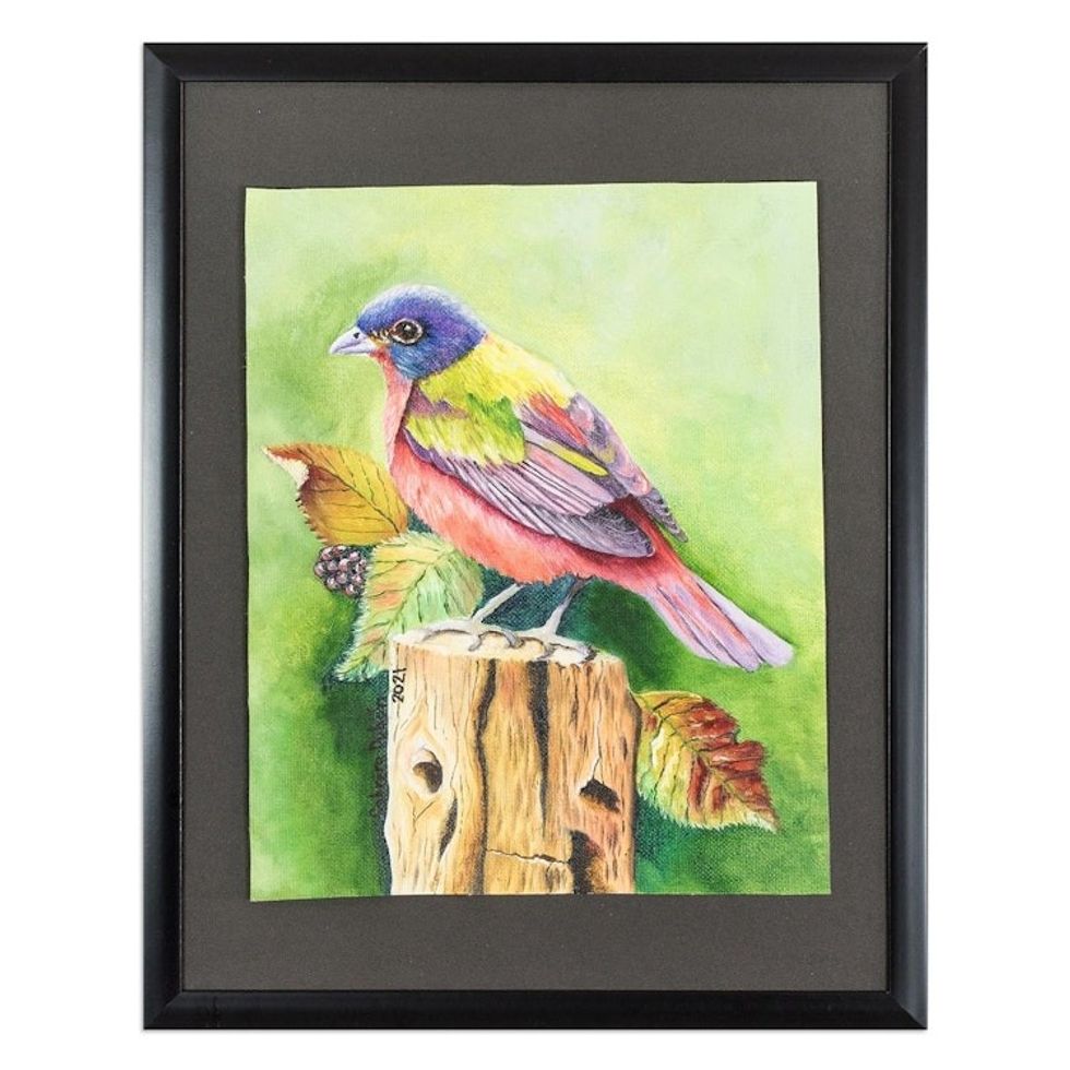 Oil on Canvas Painting of Colorful Bird from Guatemala 'Still Painted Bunting'