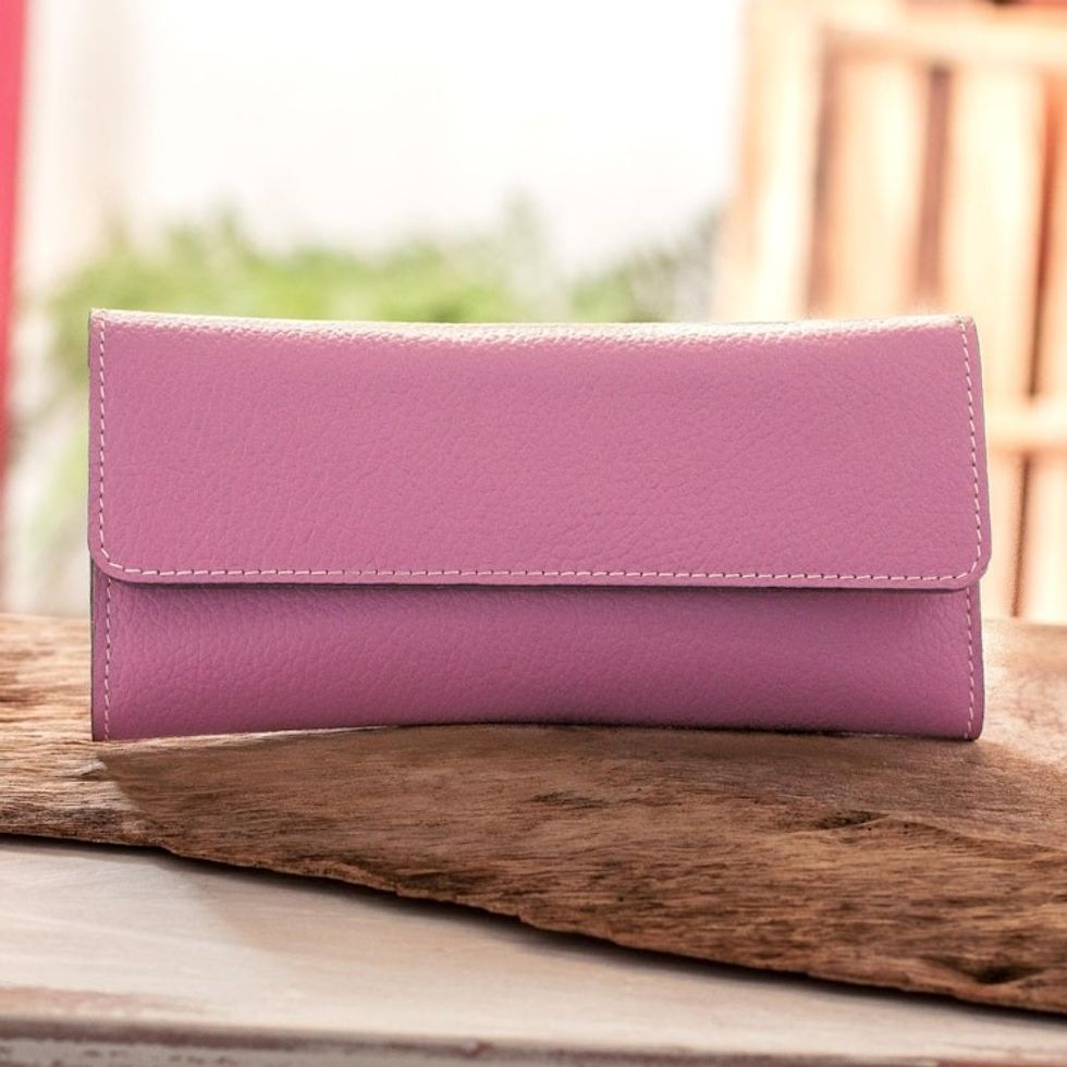 Dusty Rose Leather Tri Fold Wallet With Snap Closure 'Salvadoran Mauve'