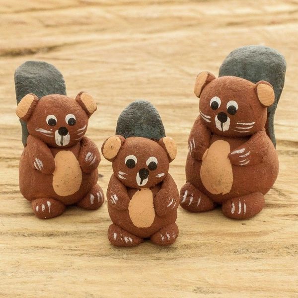 Alternate image for Set of 3 Hand-painted Beaver-themed Ceramic Figurines Beaver Family