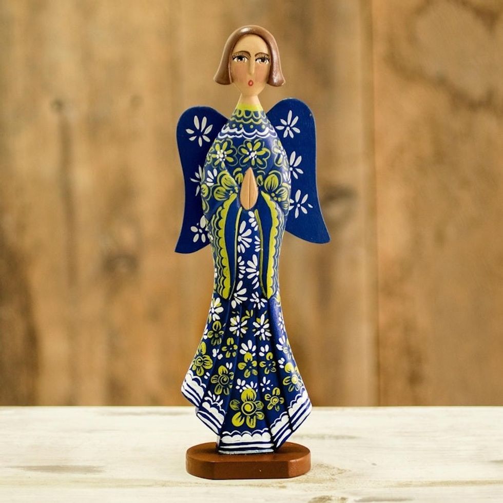 Cedar Hand Painted Blue Angel Figure from Nicaragua 'Blue Archangel Gabriel'