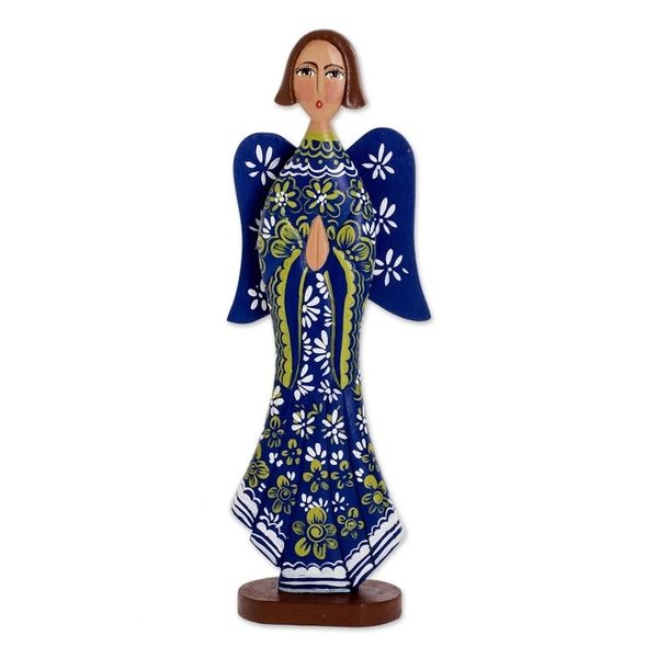 Alternate image for Cedar Hand Painted Blue Angel Figure from Nicaragua Blue Archangel Gabriel