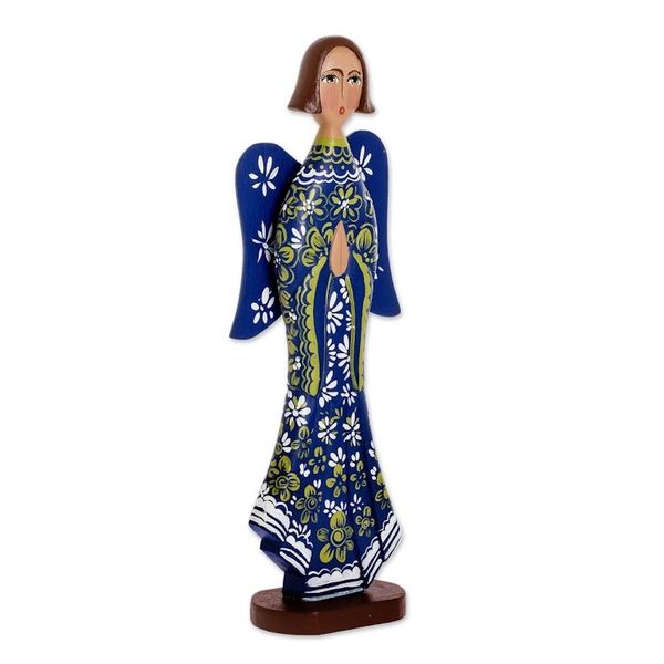 Alternate image for Cedar Hand Painted Blue Angel Figure from Nicaragua Blue Archangel Gabriel