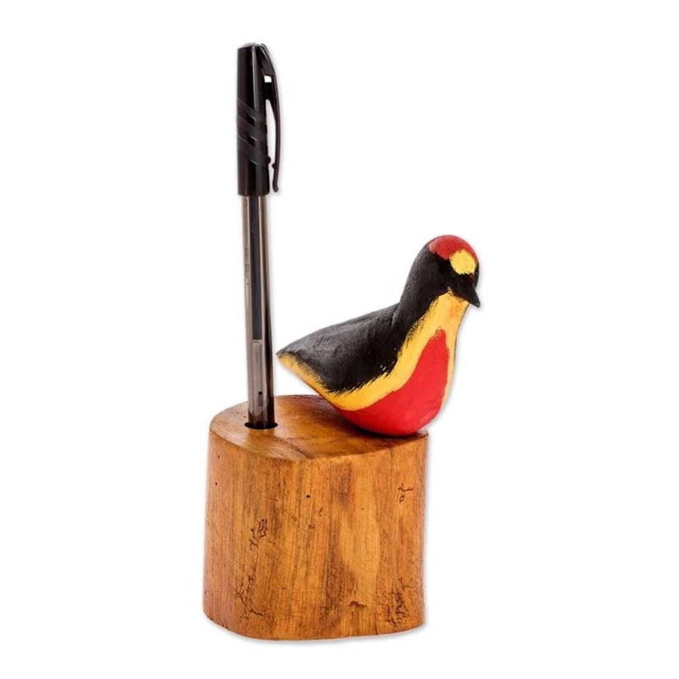 Hand Carved Red Crested Woodpecker Bird Wood Pencil Holder 'Crimson Crested Woodpecker'