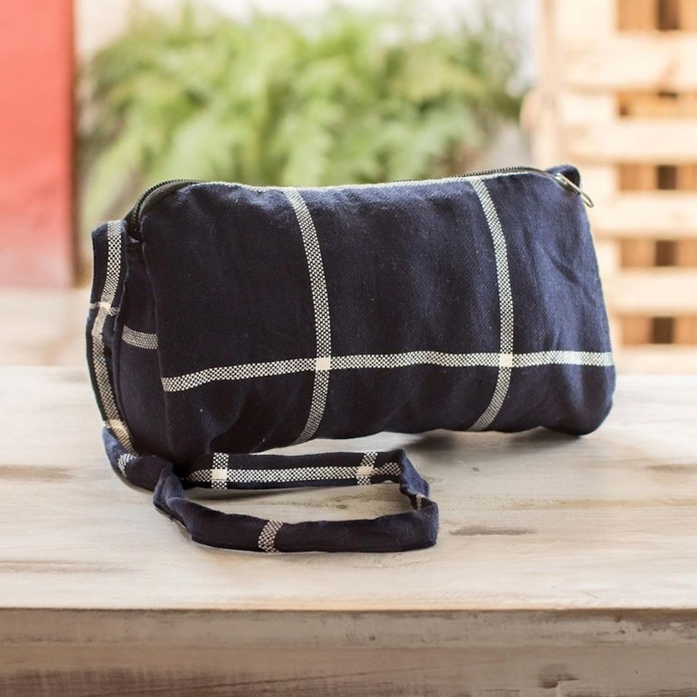 Navy Blue and White Cotton Plaid Cross Body Sling Bag 'Navy To Go'