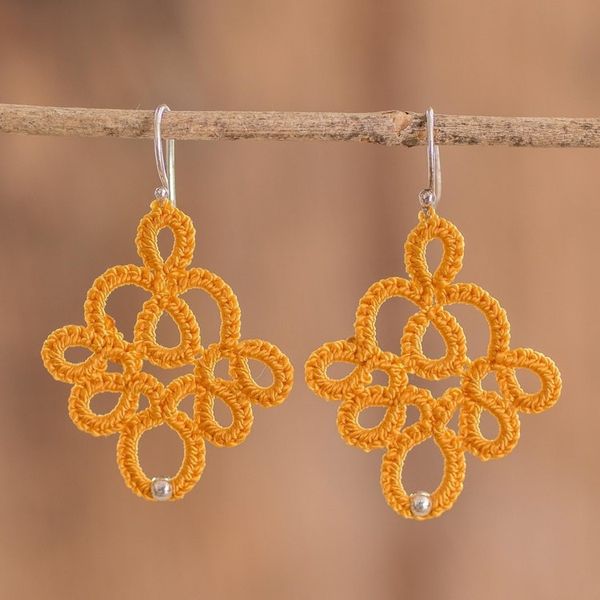 Alternate image for Hand-Tatted Dangle Earrings in Yellow from Guatemala Yellow Lace