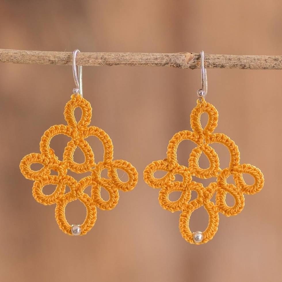 Hand-Tatted Dangle Earrings in Yellow from Guatemala 'Yellow Lace'
