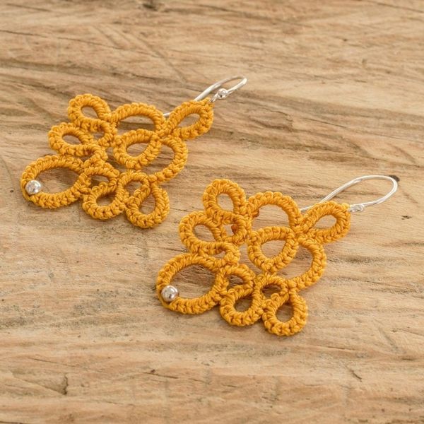 Alternate image for Hand-Tatted Dangle Earrings in Yellow from Guatemala Yellow Lace