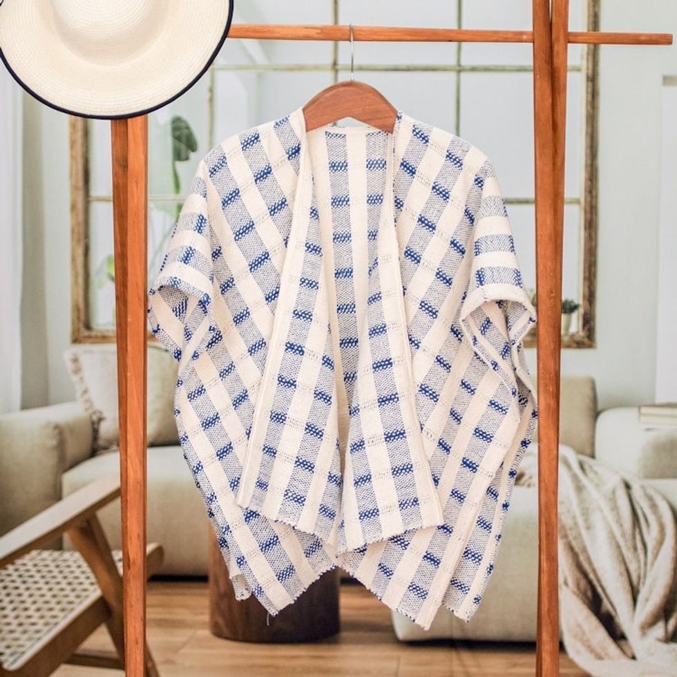 Hand-woven Blue and White Ruana Made with 100 Cotton 'Rustic in Blue'