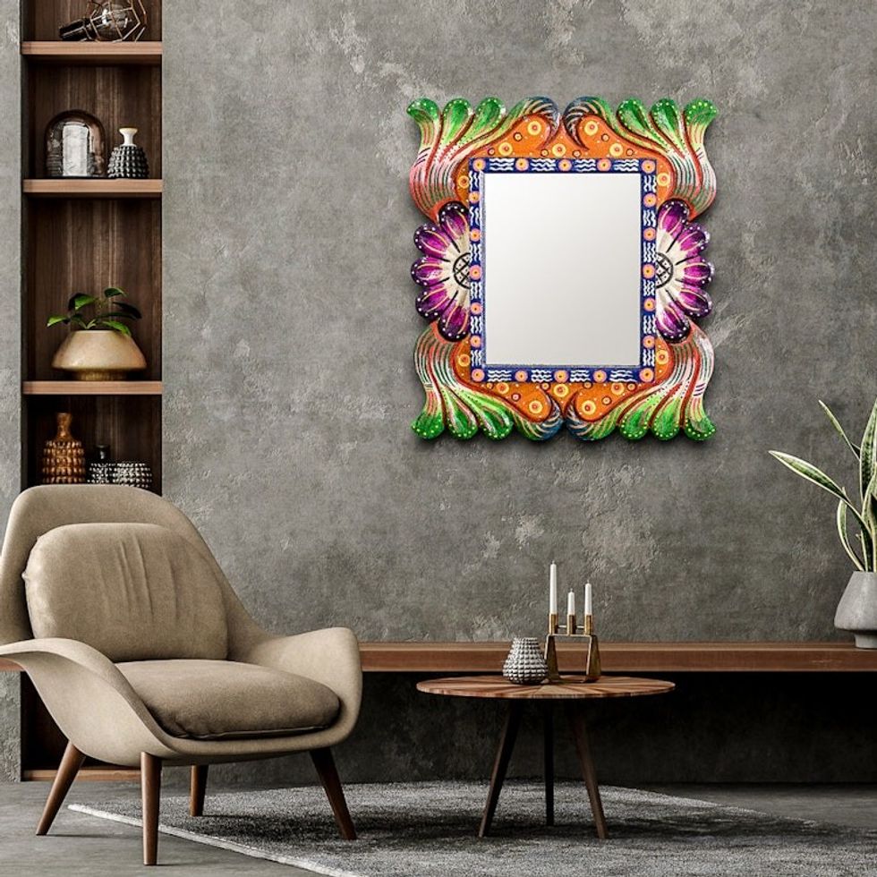 Wood Framed Wall Mirror in Multiple Colors from Guatemala 'Guatemalan Rainbow'