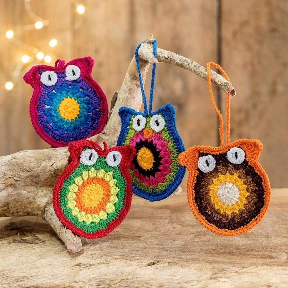 Artisan Hand-Crocheted Ornaments set of 4 'Festive Owls'