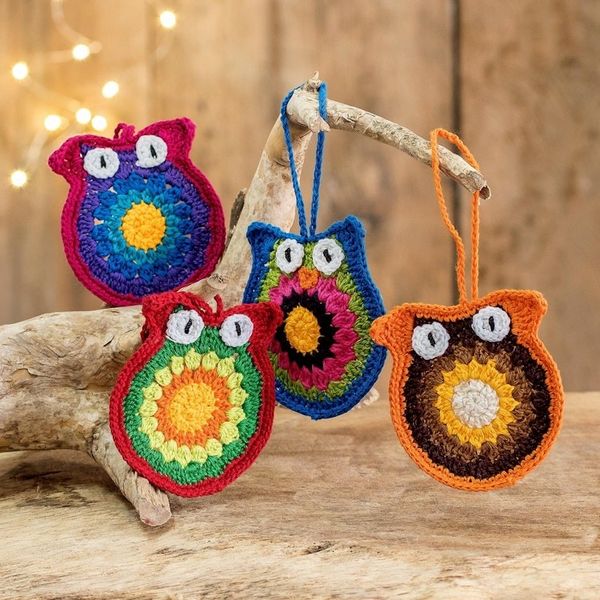 Alternate image for Artisan Hand-Crocheted Ornaments set of 4 Festive Owls