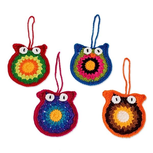Alternate image for Artisan Hand-Crocheted Ornaments set of 4 Festive Owls